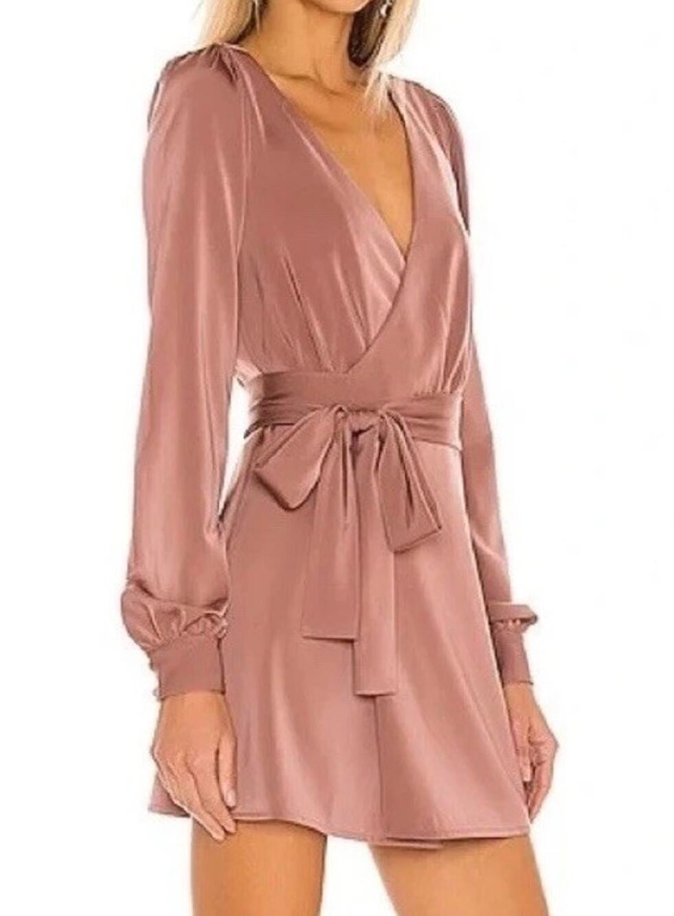 NBD Janet Mauve Satin Mini Wrap Dress Long Slv Bachelorette Party Date Night S
